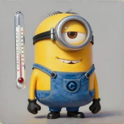 an epic painting minion, with cold, high temperature and thermometer, oil on canvas, perfect composition, golden ratio, beautiful detailed, photorealistic, digital painting, concept art, smooth, sharp focus, illustration, artstation trending, octane render, unreal engine