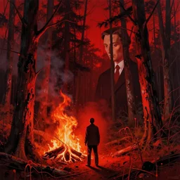 a man starting a fire in a forest by daniel richter and beeple, psychological, dripping paint, high quality render, masterpiece, in the style of beksinski, parts by edward hopper, parts by michael sowa, parts by yue minjun, intricate composition, red by caravaggio, highly quality, highly detailed, masterpiece, red light, artstation