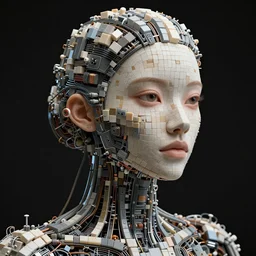 beauty woman made of small cubes and wires, very detailed, dramatic lighting, mechanical details, electrical details, high details, 4k, 8k, trending on artstation, by Hajime Sorayama and Boris Vallejo
