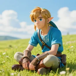 A photo of Link from Zelda sitting in a field on a sunny day with clouds in the sky, he is a teenager