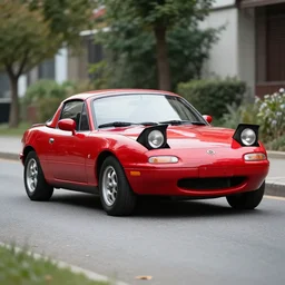 105mm photo of car full view mid distance photograph red Mazda Miata parked on street from 1985