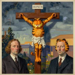 figurative avant garde portrait of garfield cat crucified on the cross by magritte and edward hopper, inspired by william blake and gaugin, illusion surreal art, highly conceptual figurative art, intricate detailed illustration, controversial poster art