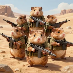 highly detailed image of a tactical squad of hamsters holding rifles, in a desert, stephen bliss, unreal engine, fantasy art by greg rutkowski, global illumination, detailed and intricate environment