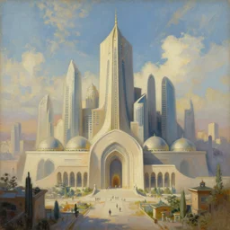 a beautiful painting of epic fantasy islamic zaha hadid city by alan lee, trending on artstation