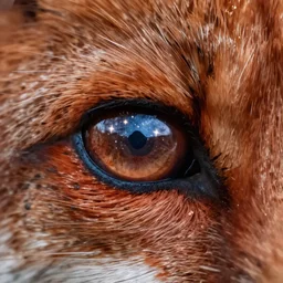 macro picture of a red fox's eye, macro photography, stars reflected
