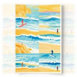 patterned art print in the style of suzie zuzek, surfing, surfers, beach, waves, vibrant colors