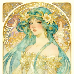a goddess with turquoise hair | highly detailed | very intricate | art nouveau | gold filigree | romantic storybook fantasy | soft cinematic lighting | award - winning | disney concept art watercolor illustration by mandy jurgens and alphonse mucha and alena aenami | pastel color palette | featured on artstation