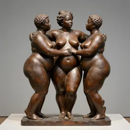 sculpture of 3 beautiful sensual fat black people touching together, museum artifact