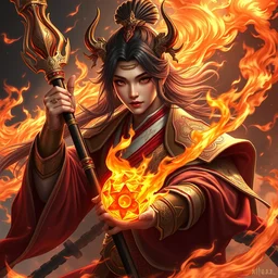 charming nezha, highly detailed, man holding spear, flame everywhere, epic pose, masterpiece chinese fantasy character portrait, highly detailed, digital painting, trending on artstation, concept art, sharp focus, illustration, global illumination, ray tracing, realistic shaded, art by artgerm and greg rutkowski and fuji choko and viktoria gavrilenko and hoang lap