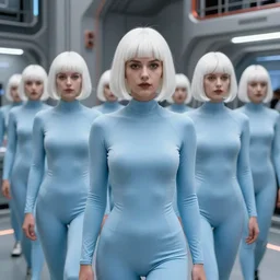 troop of freak show women with white bob hairdos, white hair, tight light blue neopren suits, futuristic production facility, sci - fi, highly detailed, cinematic