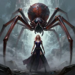 annabeth chase faces down the giant spider monster arachne, extremely powerful concept art, beautiful