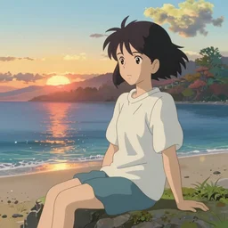 an anime girl sitting on the shore, a beautiful beach, sunset. anime in the style of studio ghibl