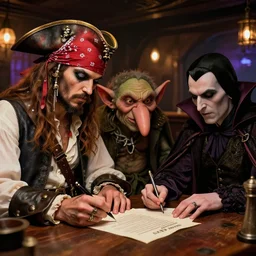 pirate with a bandanna, goblin with a big nose, and a vampire signing a contract in a saloon, hyperrealism, 8 k, intricate