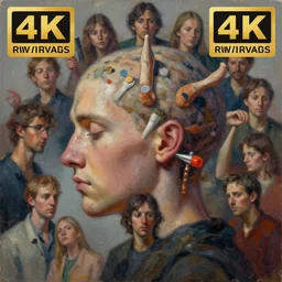 the mind is overloaded by reality, humanity, introspection, sensory processing overload, trending, digital painting, oil painting marks, 4 k version, very award - winning, coherent meaning, photorealism art