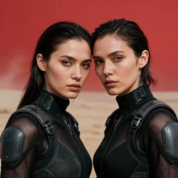 cinestill 5 0 d 3 5 mm f / 3 2 photographic portrait of two loving female androids wearing rugged black mesh techwear on a desolate plain with a red sky, extreme closeup, modern cyberpunk, dust storm, 8 k, hd, high resolution, ultra realistic faces, ex machina, blade runner