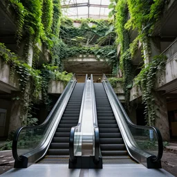an escalator in an abandoned mall in the 1 9 8 0 s, taken over by nature, covered in vines, brutalism