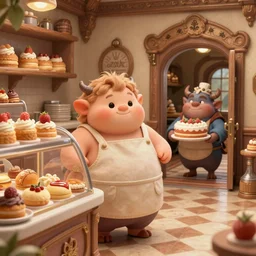 inside a fantasy bakery, a close - up of a cute short fat obese kobold wearing an apron behind the counter selling pastries while a chubby goblin carries a cake out from the back door, intricate, highly detailed, artstation, concept art, smooth, sharp focus, natural lighting, art by artgerm and greg rutkowski