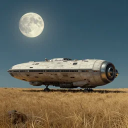 a large spaceship sitting on top of a dry grass field under a full moon, a detailed matte painting by Mike Winkelmann, trending on cgsociety, retrofuturism, rendered in unreal engine, matte painting, octane render