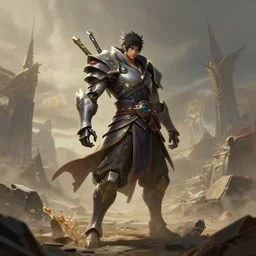stunning league of legends splash art of lone ronin in mechanical wasteland, in the style of wlop, centered, hyperdetailed, 8 k masterpiece, cinematic lighting, pristine clean design, high fantasy, insanely detailed, atmospheric