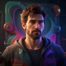 bust portrait of a man with an abstract 3 d backdrop with dark and moody lighting, 3 d video game, futuristic, science fiction, atmosphere, octane render, depth of field, unreal engine 5, vibrant color, lens flare, trending on artstation, ultra high detail, ultra realistic, cinematic, focused, 8 k