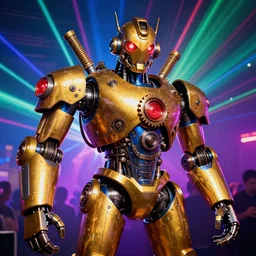 scene is elrow party in ushuaia in ibiza, portrait photo of a giant huge golden and blue metal steampunk robot, with gears and tubes, eyes are glowing red lightbulbs, shiny crisp finish, 3 d render, 8 k, insaneley detailed, fluorescent colors, haluzinogetic, background is multicolored lasershow