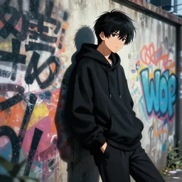 anime young guy wearing black hoodie leaning against a wall with japanese graffiti, wlop, concept art, digital painting, trending on artstation, highly detailed, epic composition, 8 k uhd