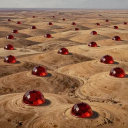 hyper detailed painting of majestic parched rolling plains with numerous tiny shiny ruby domes, sprawling across, by francisco goya and rembrandt, unsettling, mysterious, by stephan martiniere and alexander fedosav, hyperrealism, 8 k resolution, behance hd, artstation, nightcafe