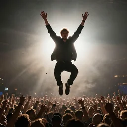 backlit geert wilders levitating suspended in the air and raising both his arms amid epic crowd