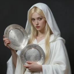 portrait of the goddess of memory holding inscribed silver plates, white hood, white robes, blonde, fantasy, magical, realistic and detailed, spiritual, supernatural, intricate, elegant, highly detailed, digital painting, trending on artstation, by wlop, 4 k octane render