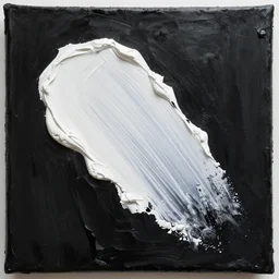 a minimalistic impasto painting, a single large brush stroke of heavy thick white paint on a black canvas