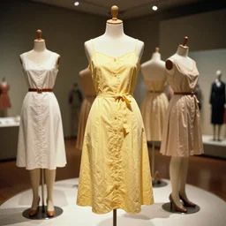 ! dream the film still photographed image is a vintage leisure wear ensemble from the 1 9 5 0 s. the slip is inspired by yellow. it is displayed on a collection of mannequins in a museum exhibit.