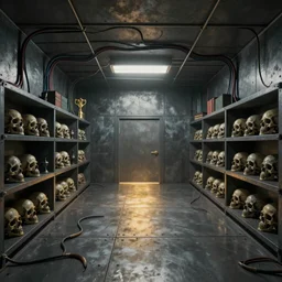 worms eye view of a cold metal room with wires and cables coming out of the ceiling, a bookshelf filled with trophy skulls on the wall, dramatic lighting, moody lighting, 3 point perspective, golden ratio, rule of thirds, horizon vanishing point, matte painting, concept art, illustration, environmental art,