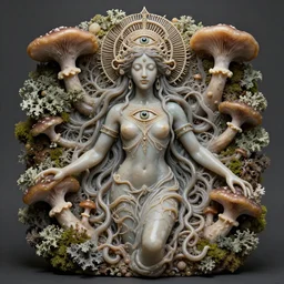the transcendent being depiction of the goddess babalon, entangled with nature, fungi, mycelial, lichen, moss, by james jean, clear, smooth, fleshy, realistic, divinity, mystical third eye, filigree, occult art, stunning