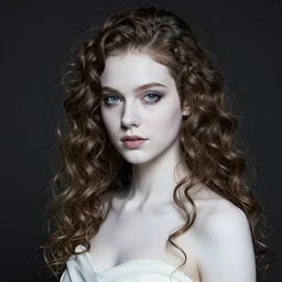 close up, professional studio photo of a young gorgeous girl, beautiful facial expressions, porcelain looking skin, friendly neighbourhood goth, curly hairstyle, graceful slim body, dressed in white, dramatic lighting, by annie leibovitz, boris vallejo, epic atmospheric black metal
