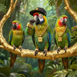 parrots wearing golden rings and necklaces, with rap cap on head, rapping and sitting on golden trees, rap scene, jungle concept art, trending on artstation, highly detailed, digital art, 8 k
