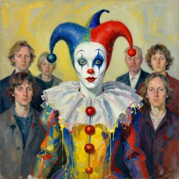 portrait of a morphed harlequin by james jean and luc tuymans and vincent lefevre and hernan bas and pat steir and hilma af klint, psychological, dripping paint, high quality render, masterpiece