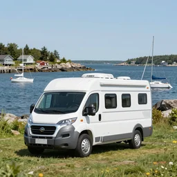 very little class c motorhome on the grass by the harbor in maine, rocky coast, sailboats in the water, tiny village, white background, digital cartoon painting art, 4 colors!!! trending on artstation