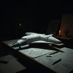 drawings of the space shuttle scattered around on the table of leonardo da vinci, dark studio room, lonely, candlelight