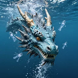 a male dragon's face breaching through a wall of water, headshot, water sprites, splashing, deep blue ocean, highly detailed, realistic digital art, trending on artstation