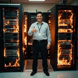 a photo of a smiling system administrator doing a thumb up to the camera in front of burning servers in flames in the background, 35mm, full body shot
