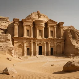Abondoned grand desert temple and ruins of a city burried in sand, built by a advanced ancient civilisation, impressive architecture, cinematic, artstation, dramatic lighting, photo-realistic, 4k
