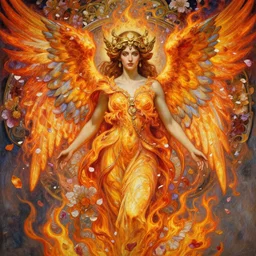 an intricate painting of a beautifull angel with fire wings surrounded by flowing flower petals, hyper detailed, ornamental gold headpiece, octane render, vivid colors, artstation, by jeremy mann, by alphonse mucha, by boris vallejo