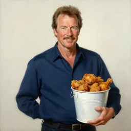 a beautiful painting of kenny rogers holding a bucket of fried chicken by john everett millais and dante gabriel rossetti and john collier and john william waterhouse, preraphaelite, detailed, trending on artstation, hd, masterpiece