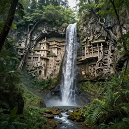 carved into the Rock a citadel-temple-cathedral above a waterfall , gnarly trees, lush vegetation, forrest,  a small stream runs beneath the waterfall, landscape, raphael lacoste, eddie mendoza, alex ross, concept art, matte painting, highly detailed, rule of thirds, dynamic lighting, cinematic, detailed, denoised, centerd