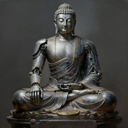 A beautiful detailed whole body portrait painting of the Buddha, robot revolution, apocalypse, highly detailed, digital painting, artstation, cgscoiety, dramatic lighting, cinematic, establishing shot, intricate, smooth, sharp focus, illustration, Unreal Engine 5, concept art, 8K, art by Westworld and Esao Andrews.