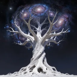 a cosmic yggdrasil with galaxies hanging from the branches by thomas cole, digital art, artstation, low angle, high detail, intricate, white wood, wide shot,