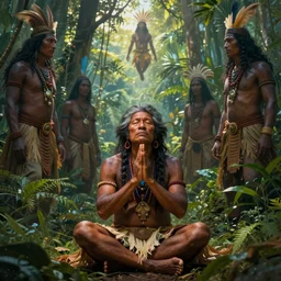an indigenous man sitting and praying in the jungle, while spirits of his ancestors watch over him in the sky, art by christophe vacher