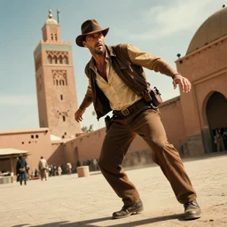 Just 1 single human by name Indiana Jones in Marrakesh omg, dynamic dramatic shot, cinematic angle, 8k quality, award winning photograph.