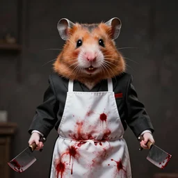 an immortal dead hamster in a butcher's suit with an evil face, in an apron covered in blood, holding cleavers in his hands. art. front view.
