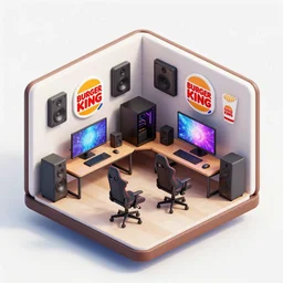 An Isometric floating 3D gaming room designed by the fast food giant Burger King that shows in detail gaming peripherals, an enthusiast gaming PC, gaming table, gaming chair, speakers, and gaming monitors. Artstation, 3D render, high-res, 4K, artwork by Luc Schuiten - n 6